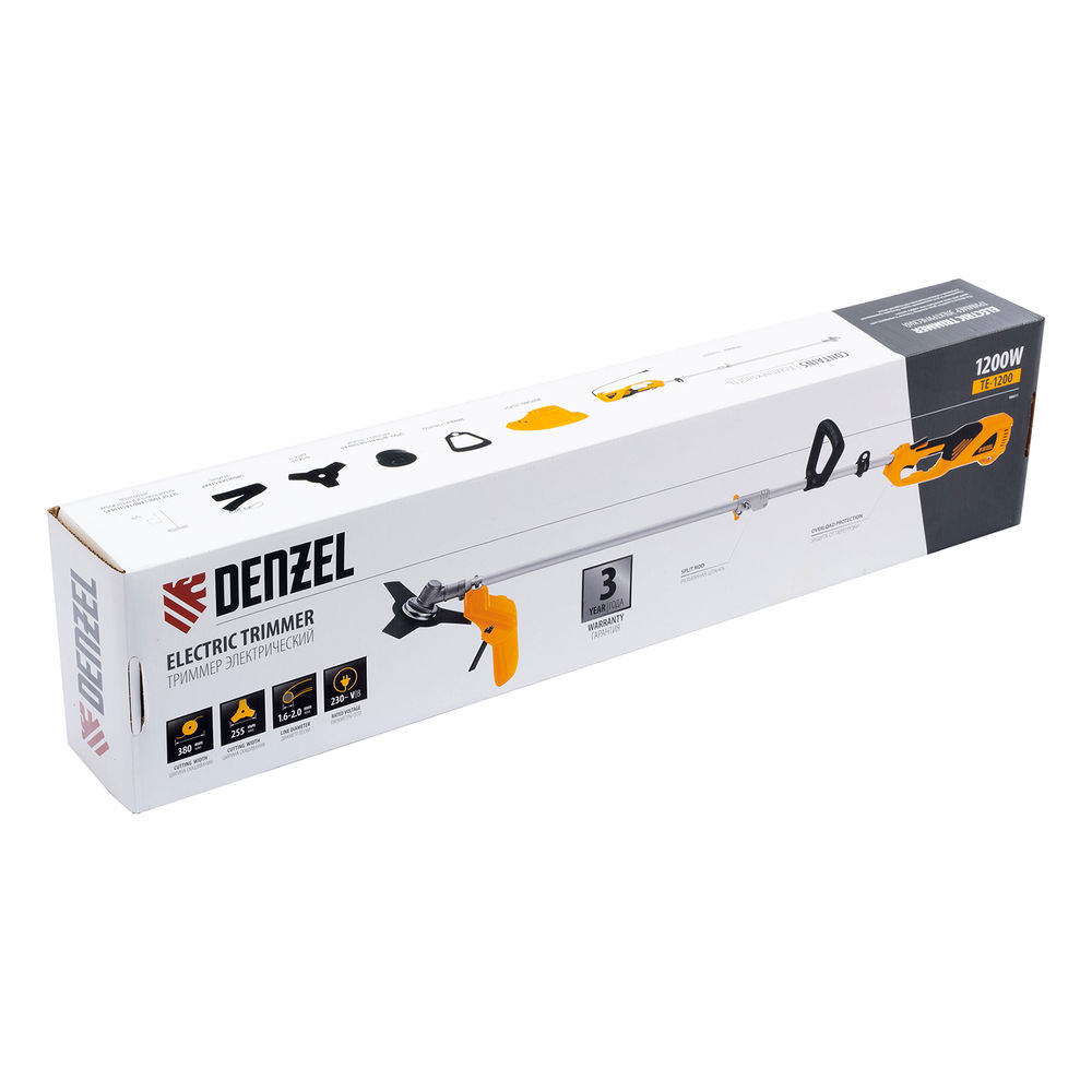 Триммер электрический TE-1200, 1200 Вт, 380 мм, катушка + диск, разборная штанга Denzel (96611)