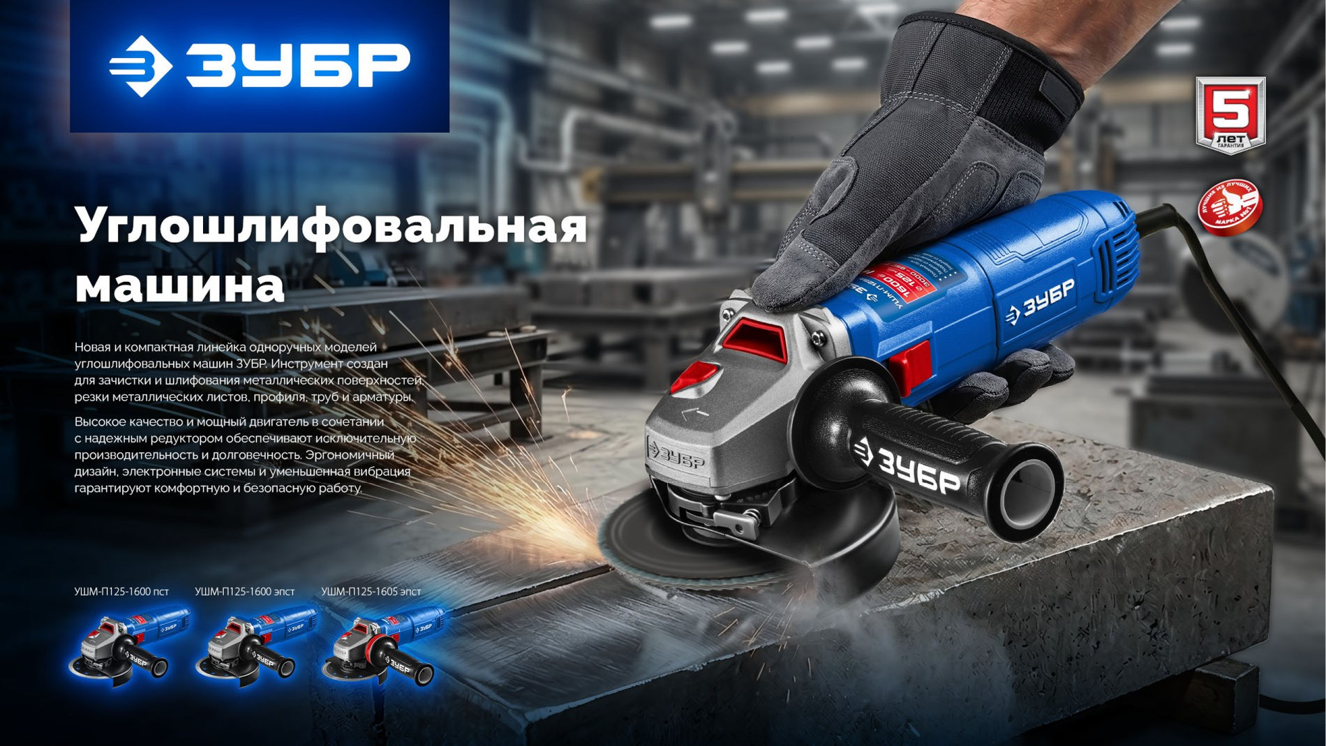 ЗУБР 1600 Вт, d125 мм, УШМ, регулировка оборотов, Профессионал (УШМ-П125-1600 эпст)