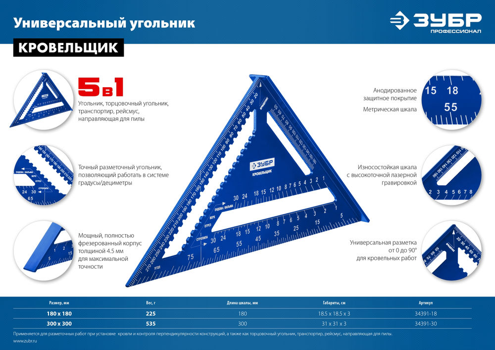 Универсальный кровельный угольник Кровельщик, 180 мм, 5-в-1 ЗУБР Профессионал 34391-18