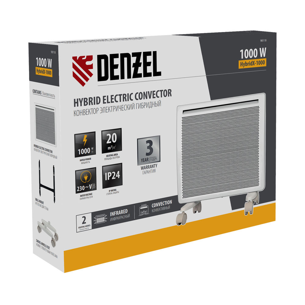 Конвектор гибридный электрический HybridX-1000, ИК нагреватель, цифровой термостат Denzel (98118)