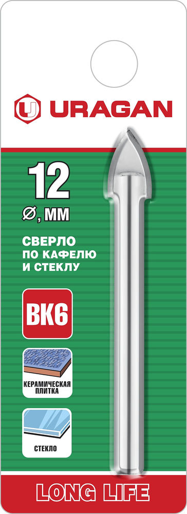 Сверло по стеклу и кафелю 2х кромка цилиндр хвостовик URAGAN 12 мм 29830-12  