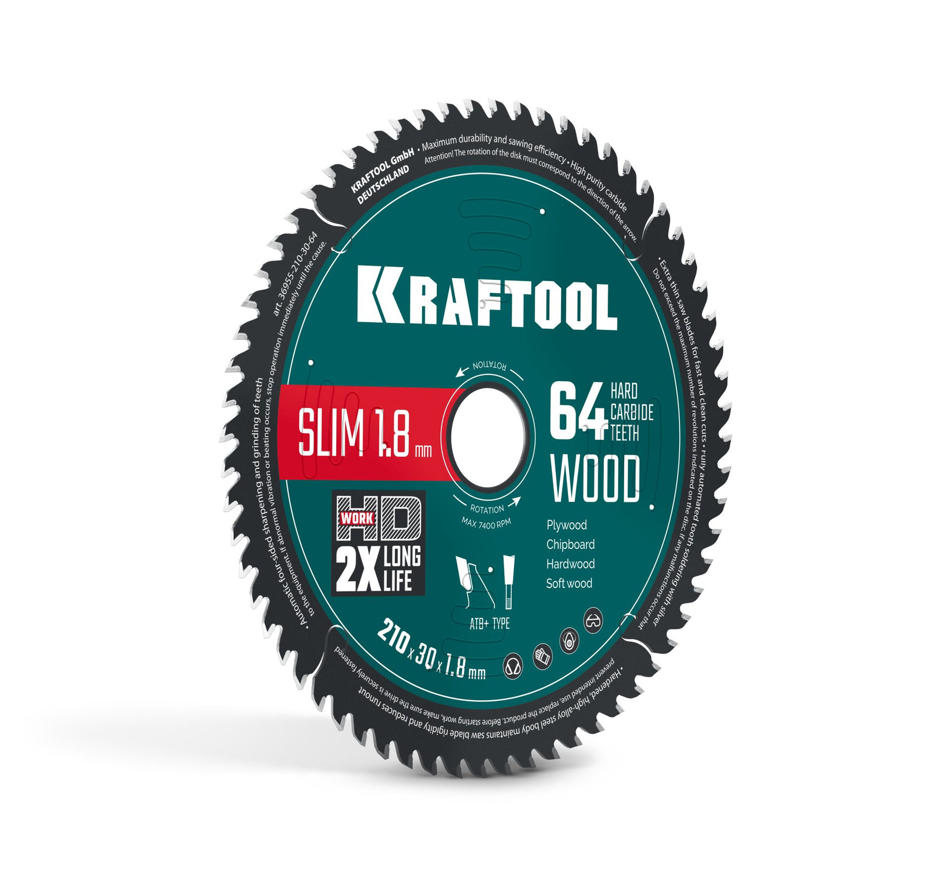 Диск пильный по дереву Slim wood cut, 210 х 30 x 1.8 мм, 64Т KRAFTOOL 36955-210-30-64