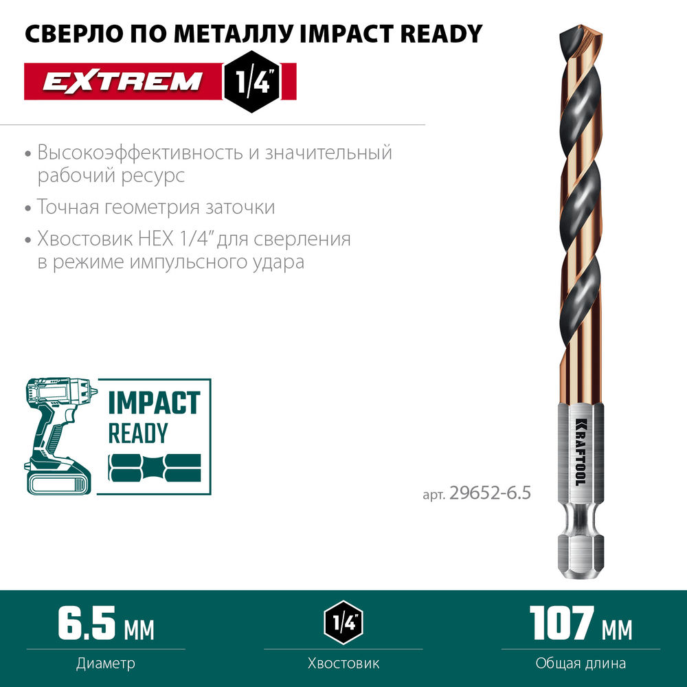 Сверло по металлу для винтовёртов и шуруповертов IMPACT READY НЕХ-1/4, d 6.5 х 107 мм KRAFTOOL 29652-6.5