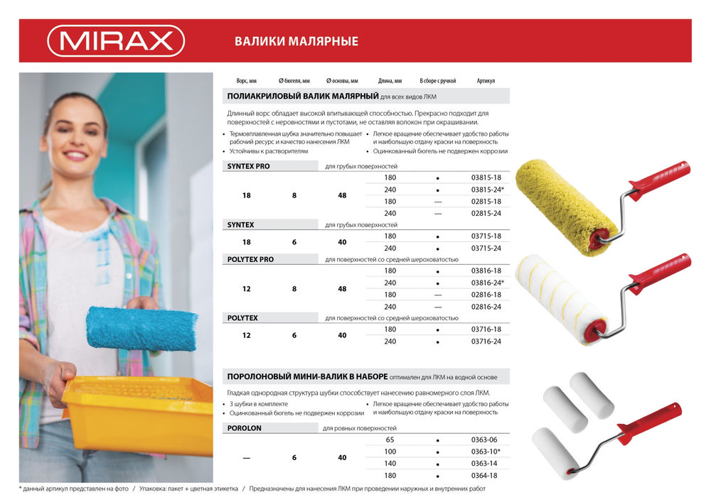 Малярный валик POLYTEX PRO, 48 х 240 мм, бюгель 8 мм, ворс 12 мм, полиакрил/полиэстер, все виды ЛКМ MIRAX 03816-24