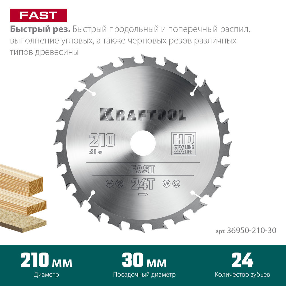 Пильный диск по дереву Fast, 210 х 30 мм, 24Т KRAFTOOL 36950-210-30