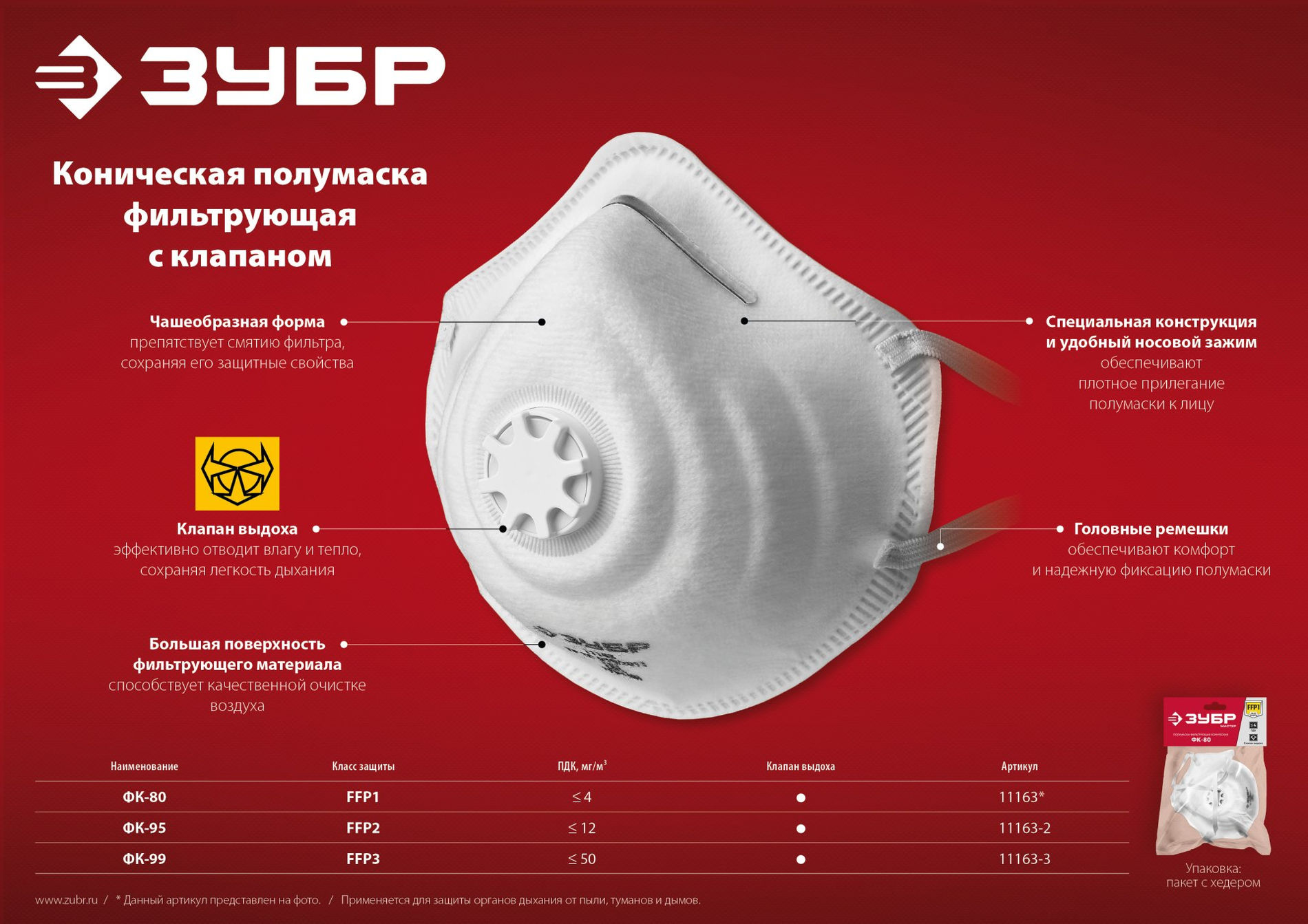 ЗУБР ФК-95, класс защиты FFP2, коническая, фильтрующая полумаска с клапаном выдоха (11163-2_z01)