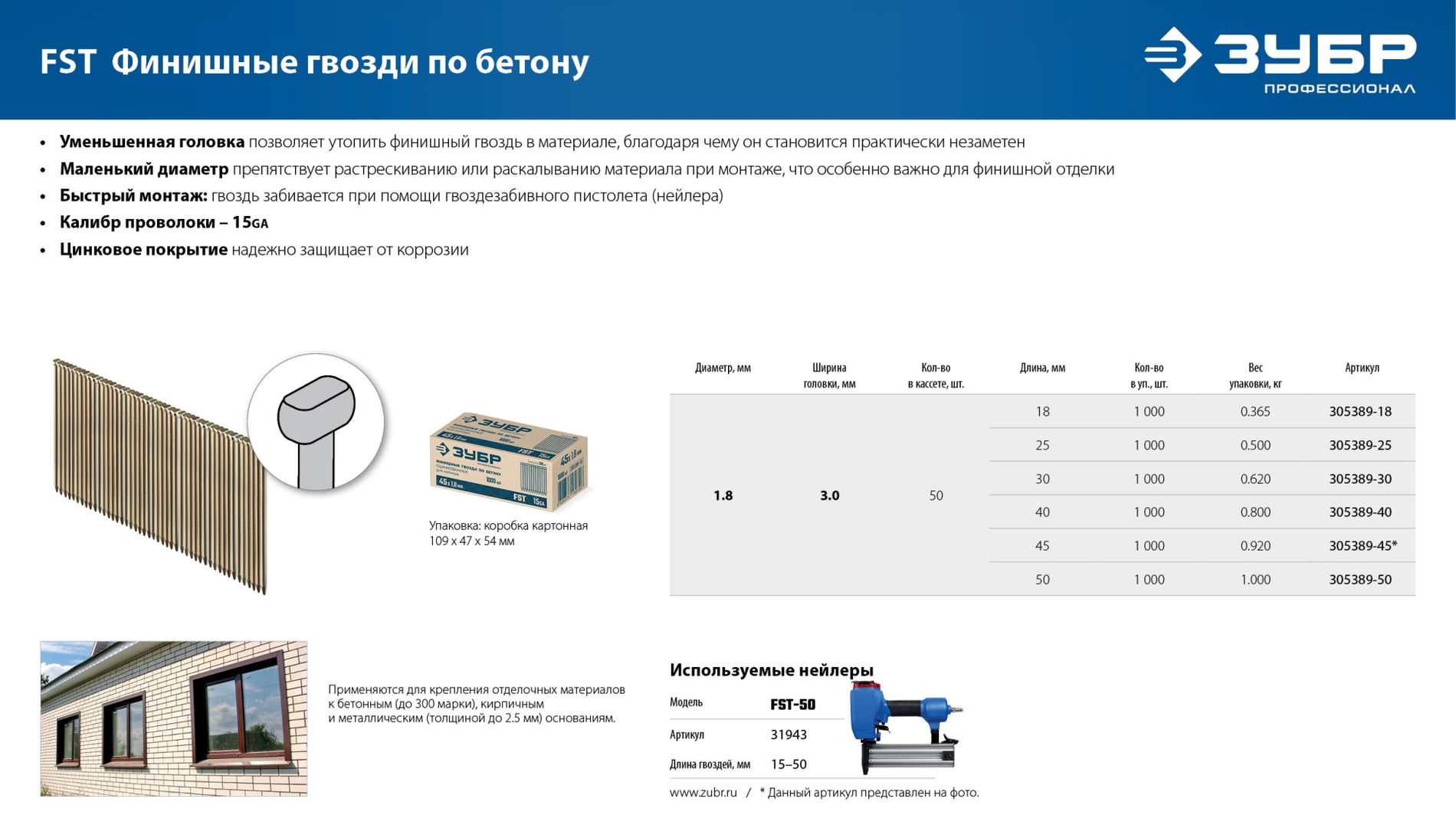 ЗУБР FST 30 х 1.8 мм, финишные гвозди по бетону оцинкованные, калибр 15GA, 1000 шт (305389-30)