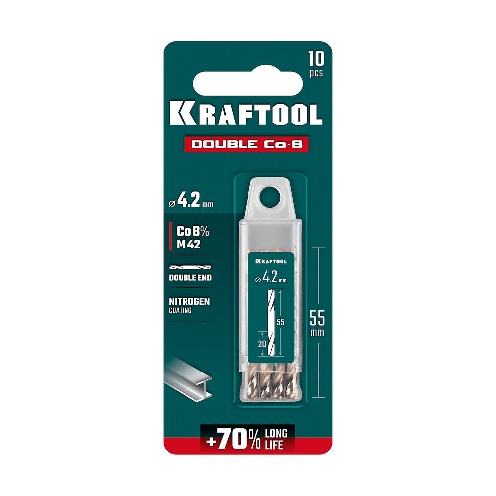 Сверло двухстороннее 4.2?55 мм по металлу DOUBLE Сo-8 сталь M42+8%Co класс А KRAFTOOL 29654-4.2-10