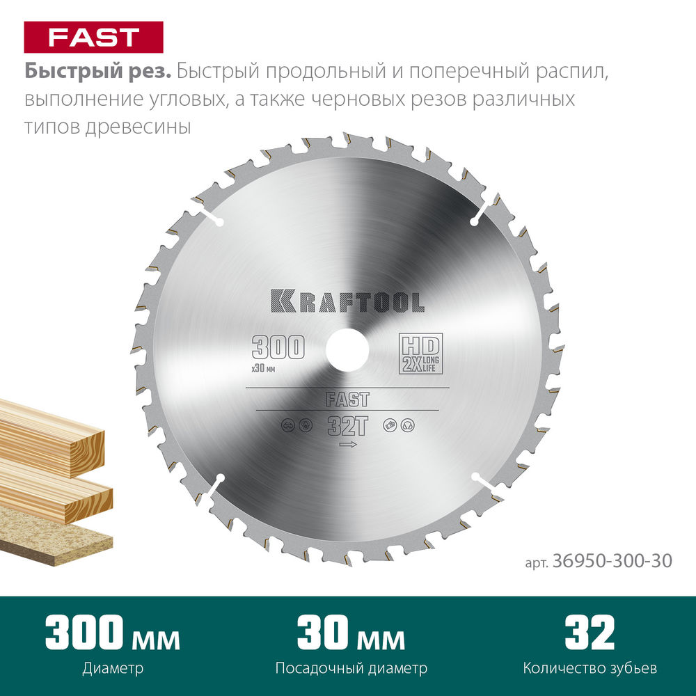 Пильный диск по дереву Fast, 300 х 30 мм, 32Т KRAFTOOL 36950-300-30