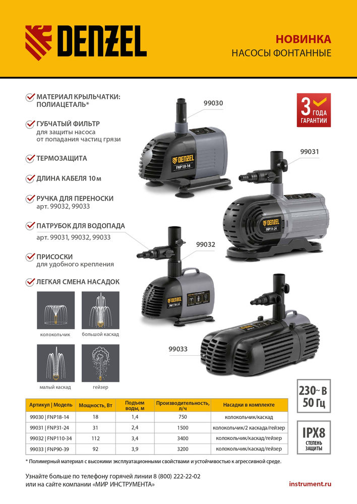 Насос фонтанный FNP110-34, 112 Вт, подъем 3,4 м, 3400 л/ч, колокольчик/каскад/гейзер Denzel (99032)