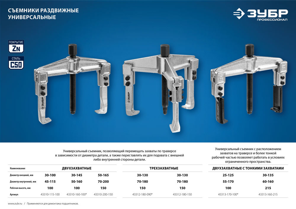 Съемник внешний d 30 - 135 мм внутренний d 60 - 160 мм раздвижной двухзахватный с тонкими захватами Профессионал ЗУБР 43313-160-215