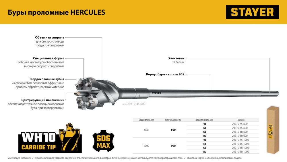 Бур проломной SDS-max PROFESSIONAL HERCULES-4Х STAYER d80x500/600 мм 29319-80-600  