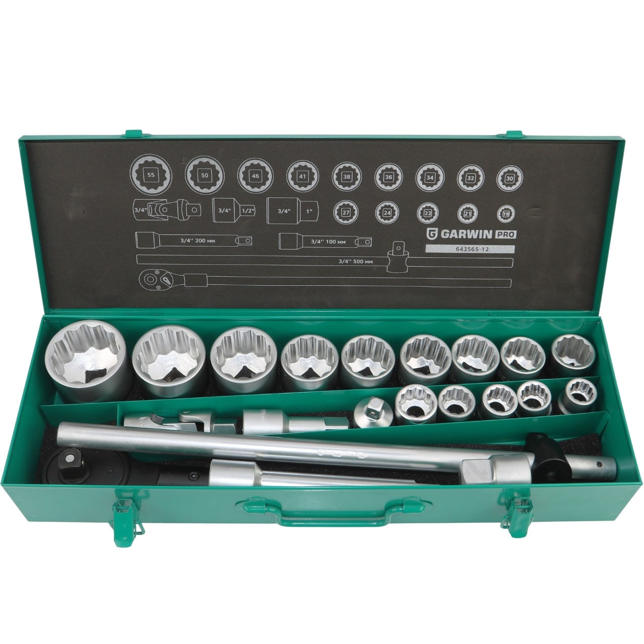 Набор торцевых головок 3/4 12 гр., 19-55 мм, 21 пр., GARWIN PRO, 643565-12