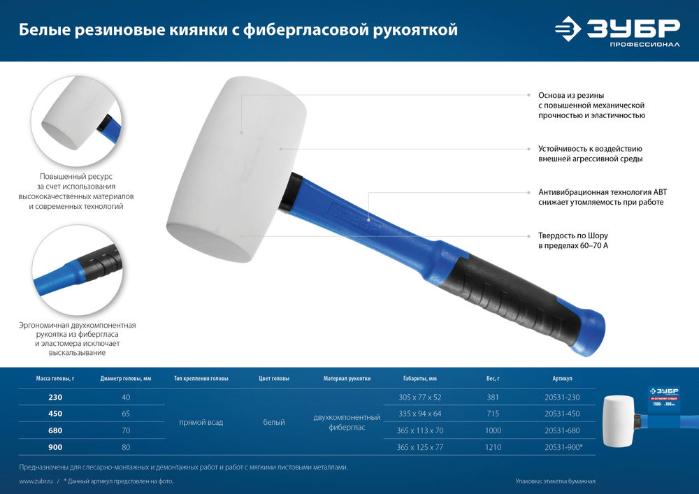 Киянка резиновая 900 г белая Профессионал ЗУБР 20531-900
