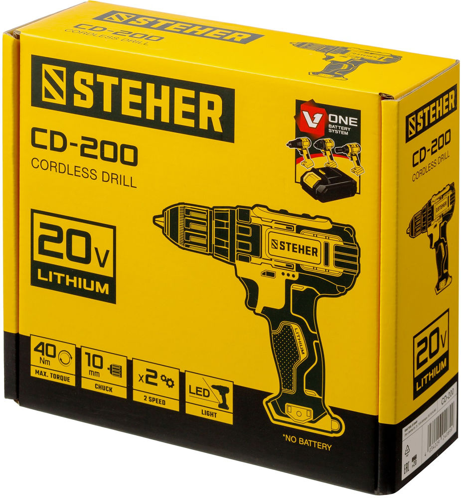 Дрель-шуруповерт 20 В, 40 Н·м, без АКБ V1 STEHER CD-200