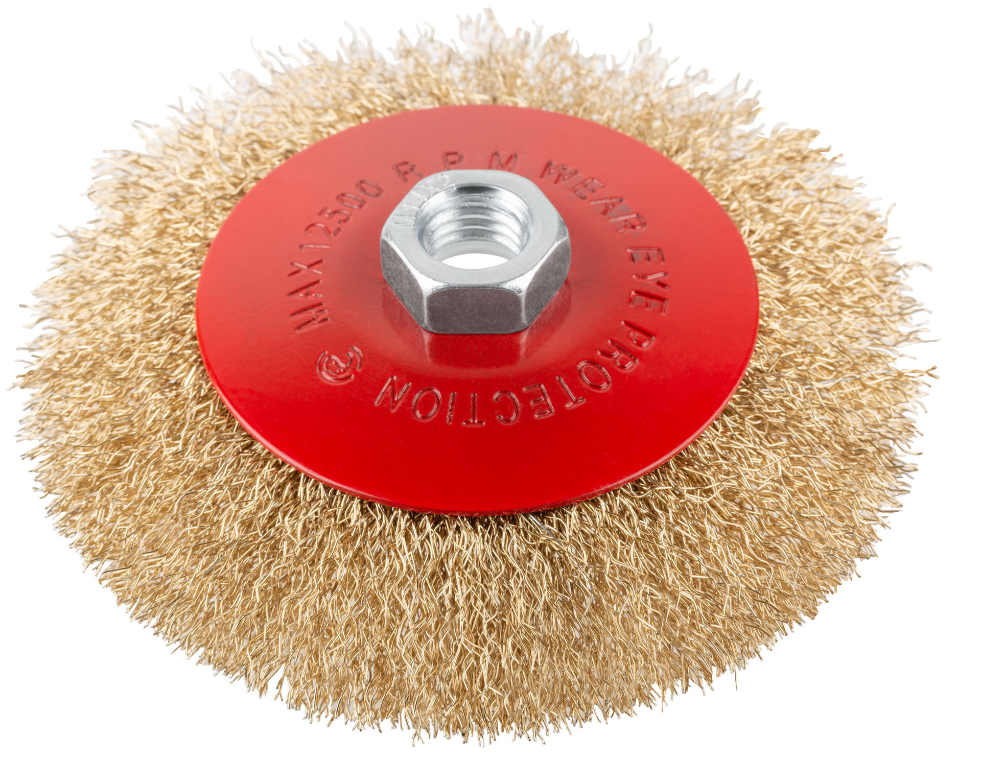 Корщетка-колесо с наклоном, гайка М14, стальная латунированная волнистая проволока 125 мм, блистер (39085)