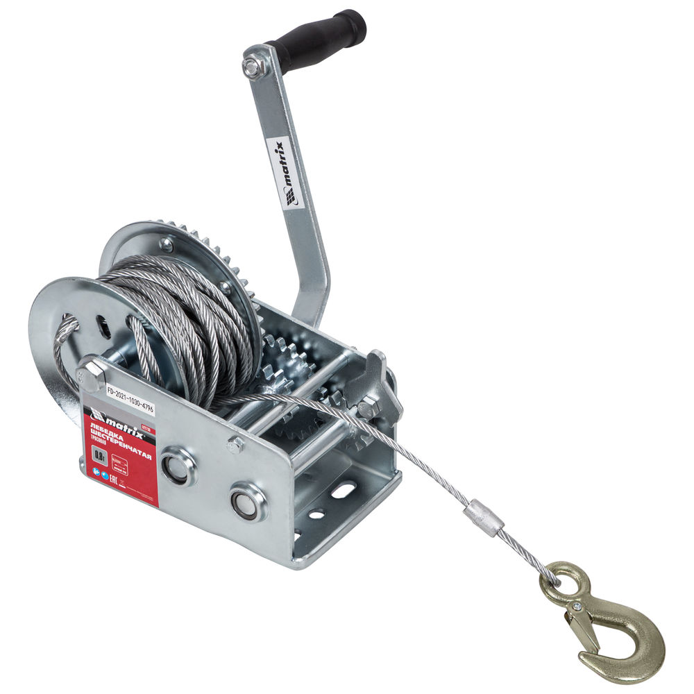 Лебедка шестеренчатая, тяга 0.8 т, тросовая Matrix (522735)
