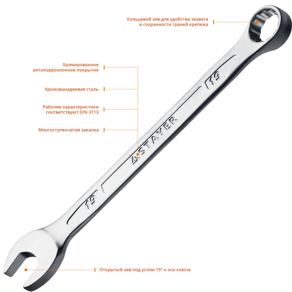 Набор комбинированных гаечных ключей 8 шт, 8 - 19 мм HERCULES Professional STAYER 27085-H8