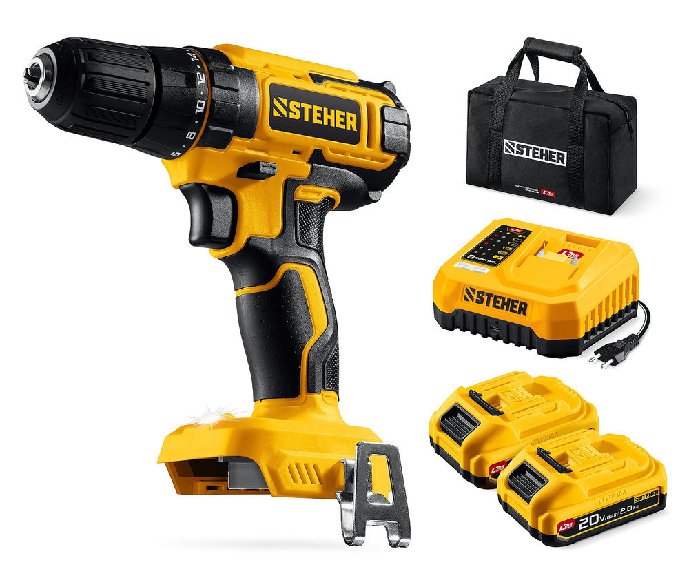 Дрель-шуруповерт 20 В, 40 Н·м, 2 АКБ LMS (2 А·ч), сумка STEHER CD-40-22