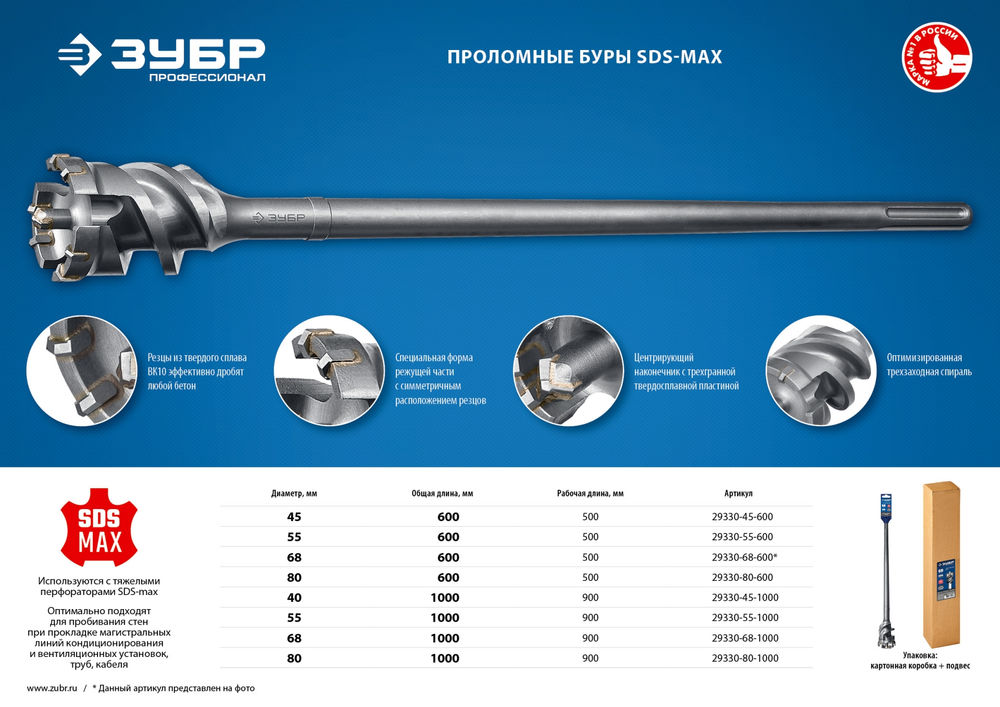 Бур проломной SDS-max 68 х 900/1000 мм ЗУБР Профессионал 29330-68-1000