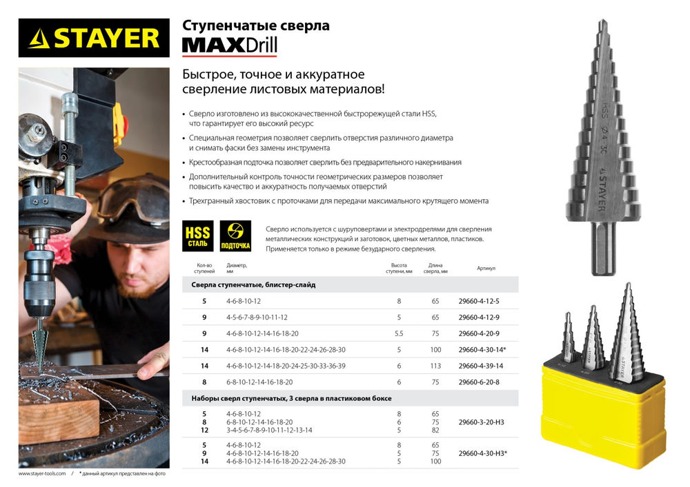 Сверло ступенчатое 4-20 мм, 9 ступеней, сталь HSS STAYER 29660-4-20-9
