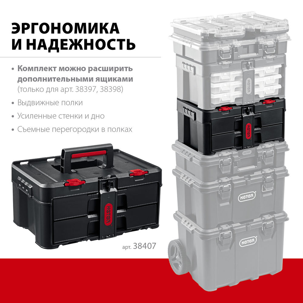 Ящик пластиковый 481 х 332 х 233 мм (19) с выдвижными полками STACKNROLL KETER 38407