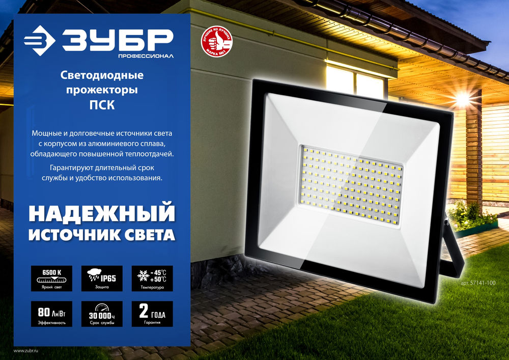 Прожектор светодиодный 100 Вт, 6500 К, IP65 ЗУБР ПСК-100 Профессионал 57141-100
