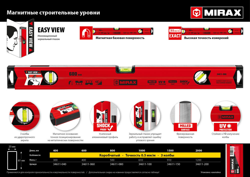 Магнитный уровень 600 мм, с зеркальным глазком MIRAX 34611-060