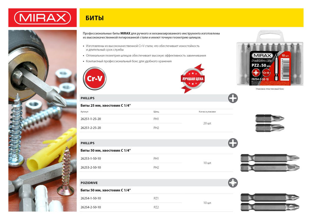 Биты PZ2, 50 мм, 10 шт MIRAX 26254-2-50-10