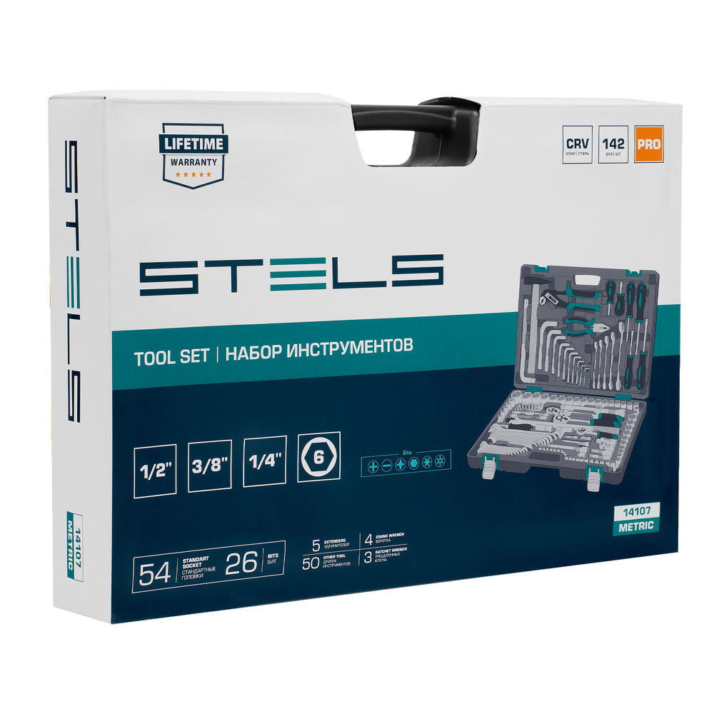 Набор инструментов, 1/2,3/8, 1/4, CrV, пластиковый кейс 142 предмета Stels