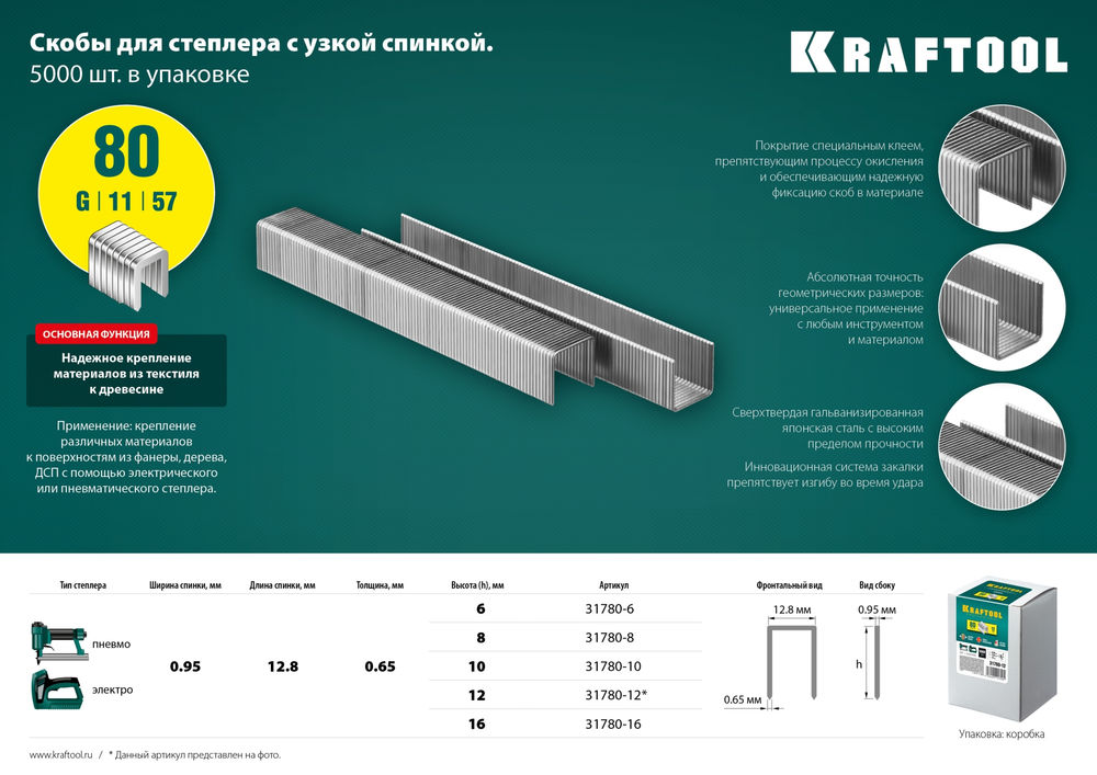 Скобы тип 80 (BeA/Prebena A/Senco AT), 16 мм, калибр 21GA, 5000 шт KRAFTOOL 31780-16