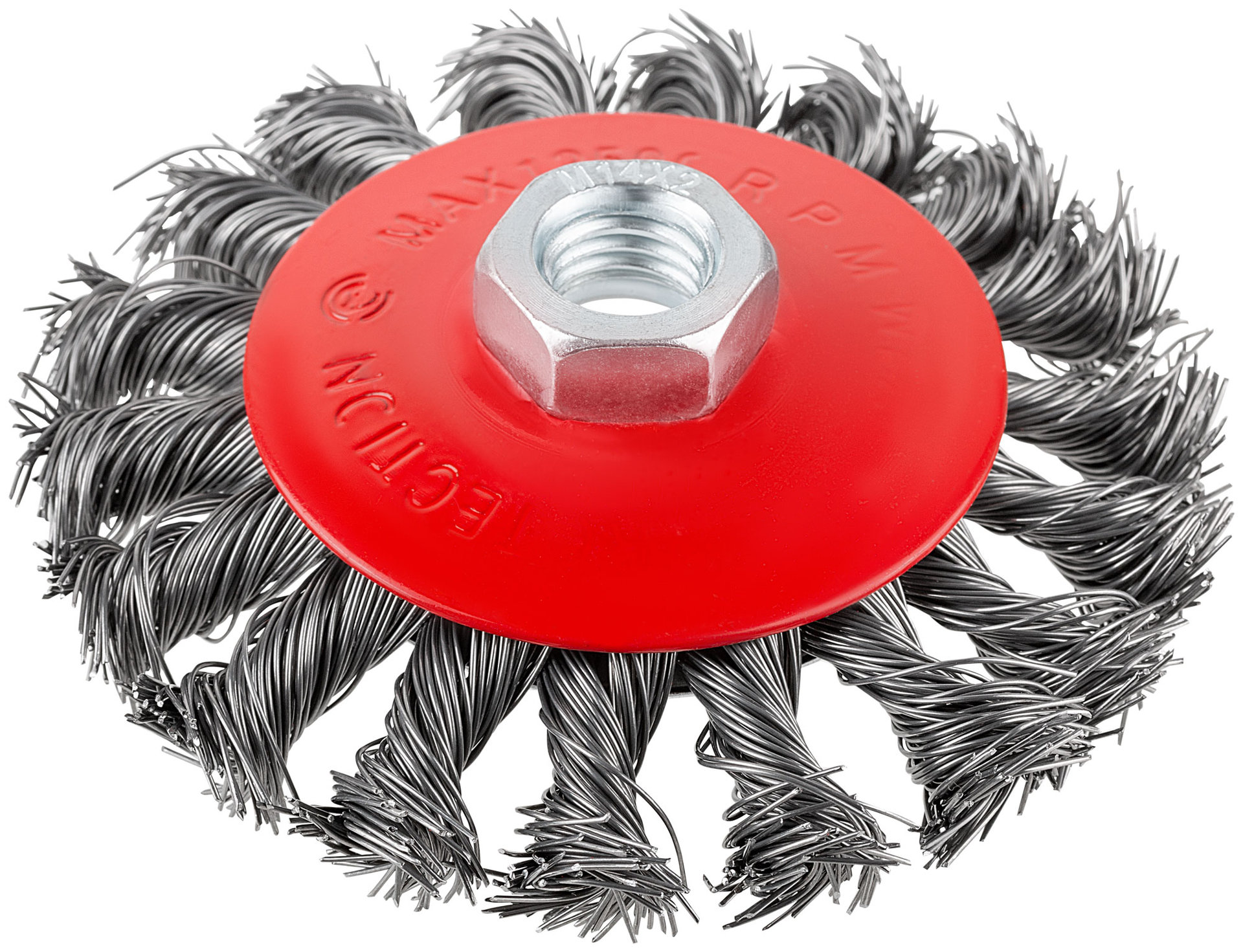 Корщетка-колесо с наклоном, гайка М14, стальная витая проволока 100 мм, блистер (39087)