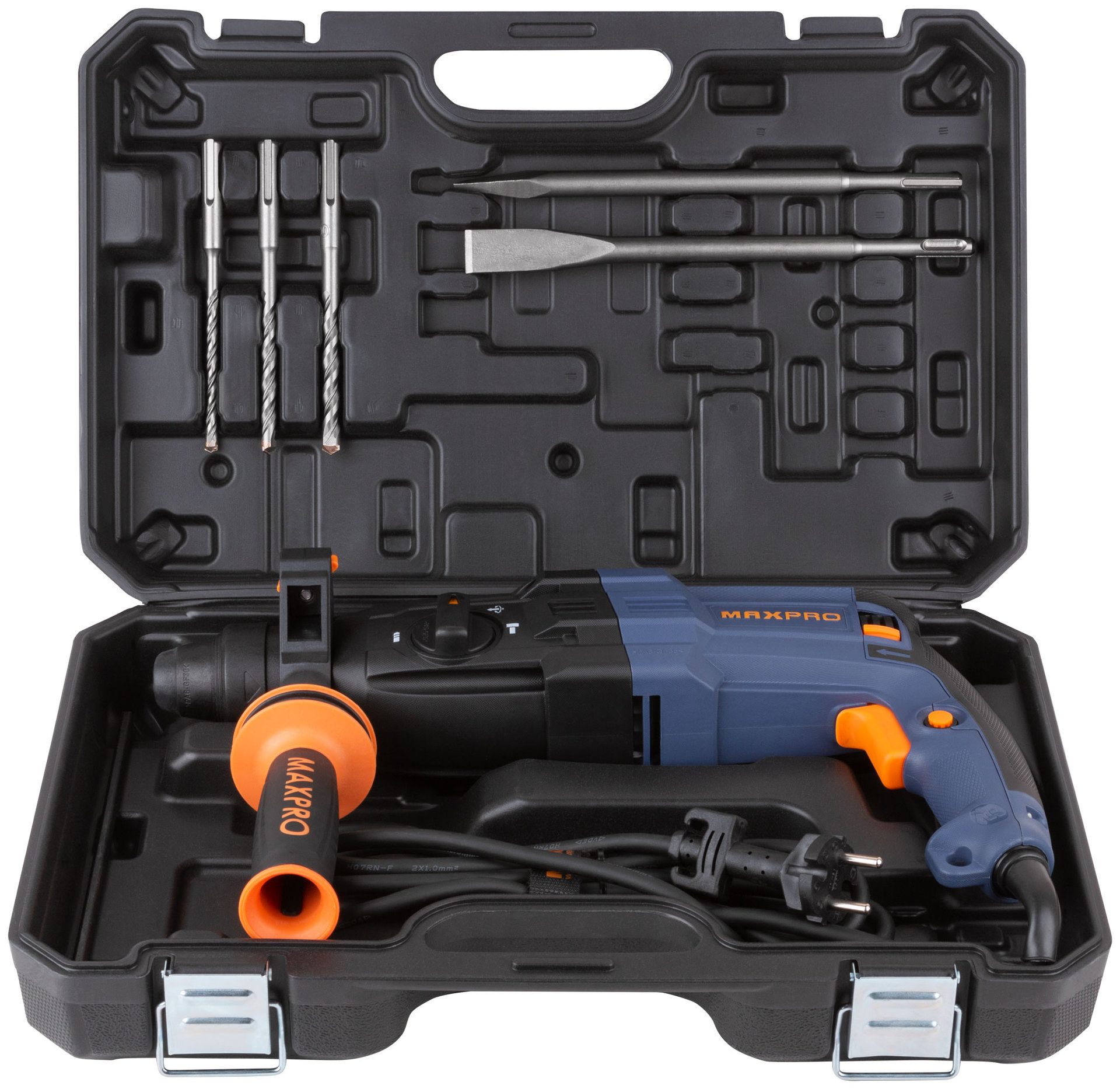 Перфоратор монтажный 800 Вт; 0-1100 об/мин; 2,8 Дж; 3 режима; Д/Б/М-30/26/13; 3,4 кг; SDS-PLUS; антивибрационная ручка; резиновые вставки MAX-PRO 85084