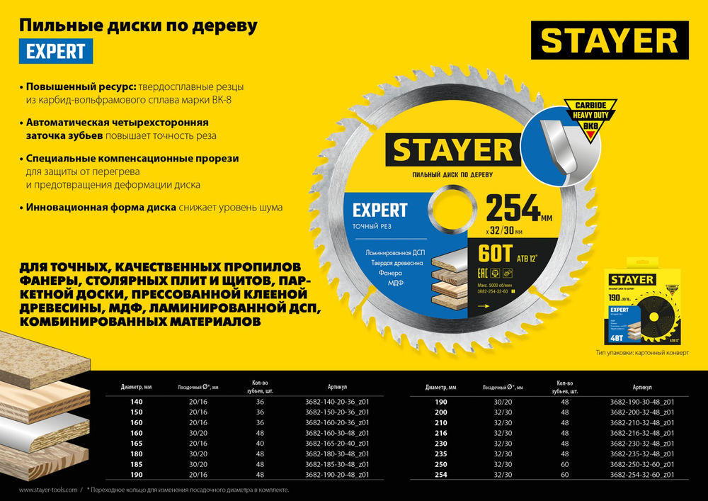 Диск пильный по дереву Expert, 210 x 32/30 мм, 48Т, точный рез STAYER 3682-210-32-48_z01