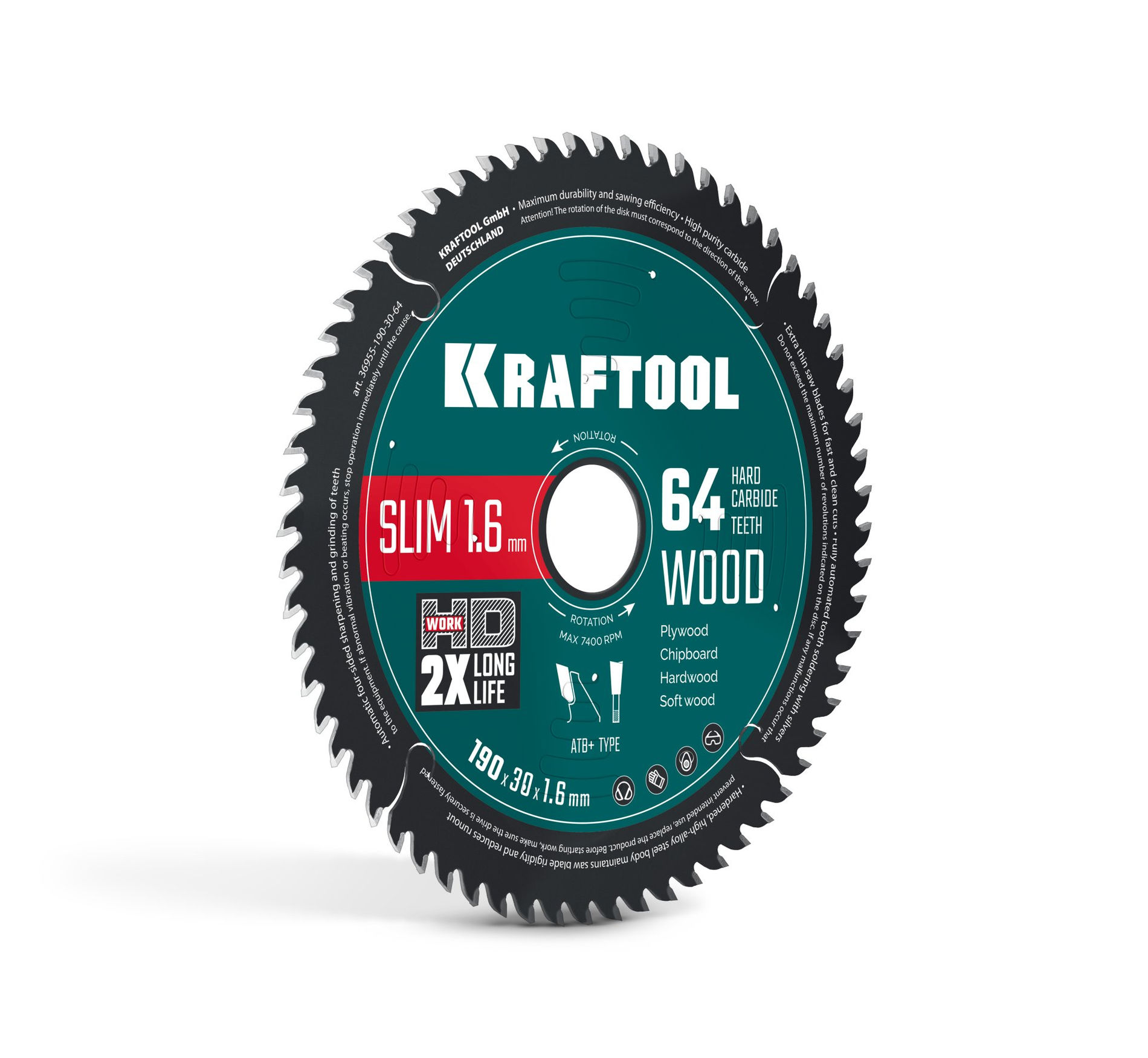 Диск пильный по дереву Slim wood cut, 190 х 30 x 1.6 мм, 64Т KRAFTOOL 36955-190-30-64