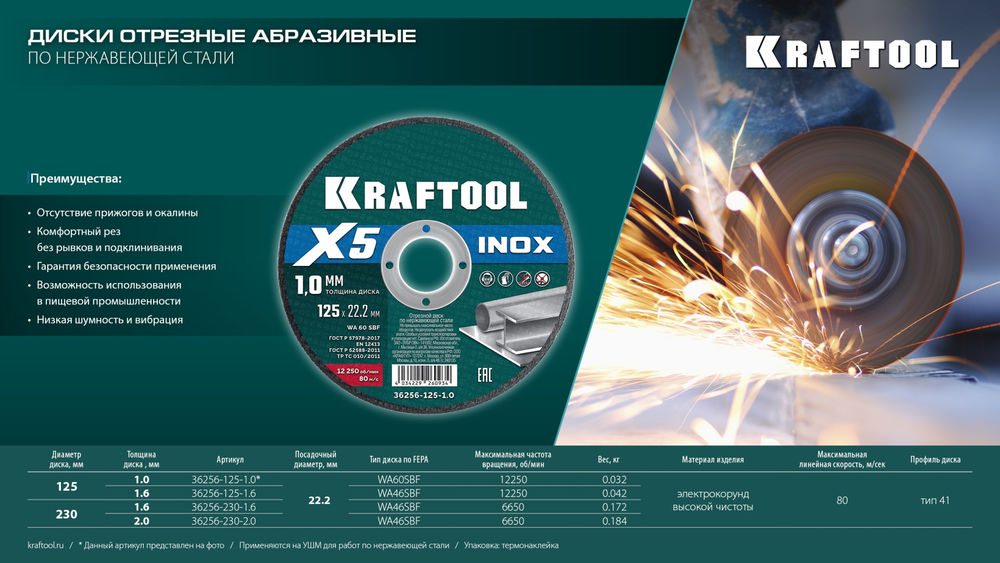 Отрезной диск для УШМ X5 INOX, 230x1.6 мм, по нерж. стали KRAFTOOL 36256-230-1.6