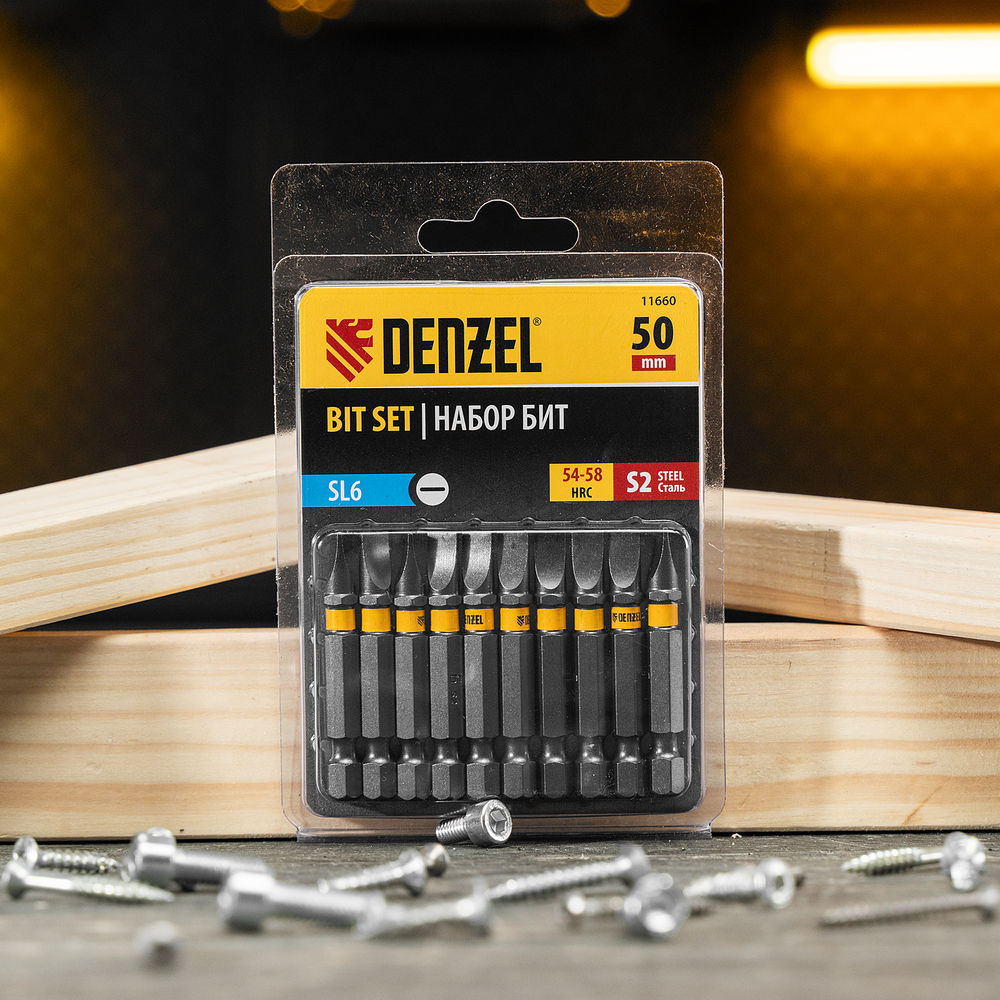 Бита SL6,0х50, сталь S2, шестигранный профиль, 10 шт. Е 6,3 Denzel (11660)