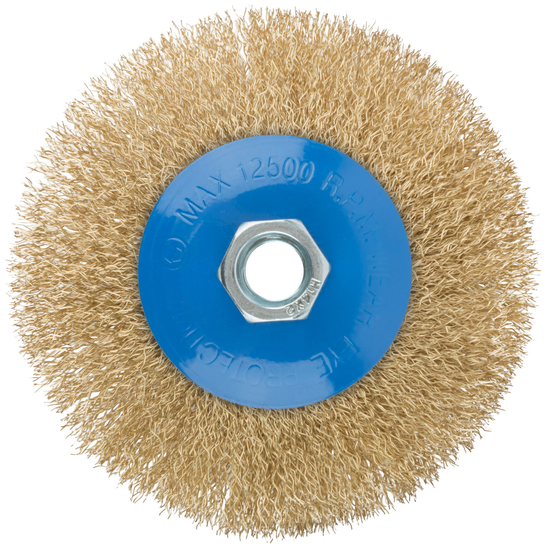 Корщетка, тип колесо с наклоном, гайка М14, стальная волнистая латунированная проволока 115 мм (38927М)