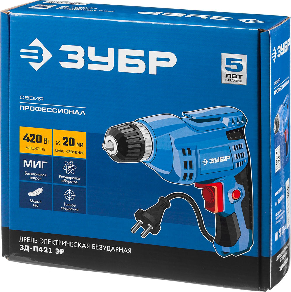 Дрель безударная 420 Вт 10 мм БЗП Профессионал ЗУБР ЗД-П421 ЭР