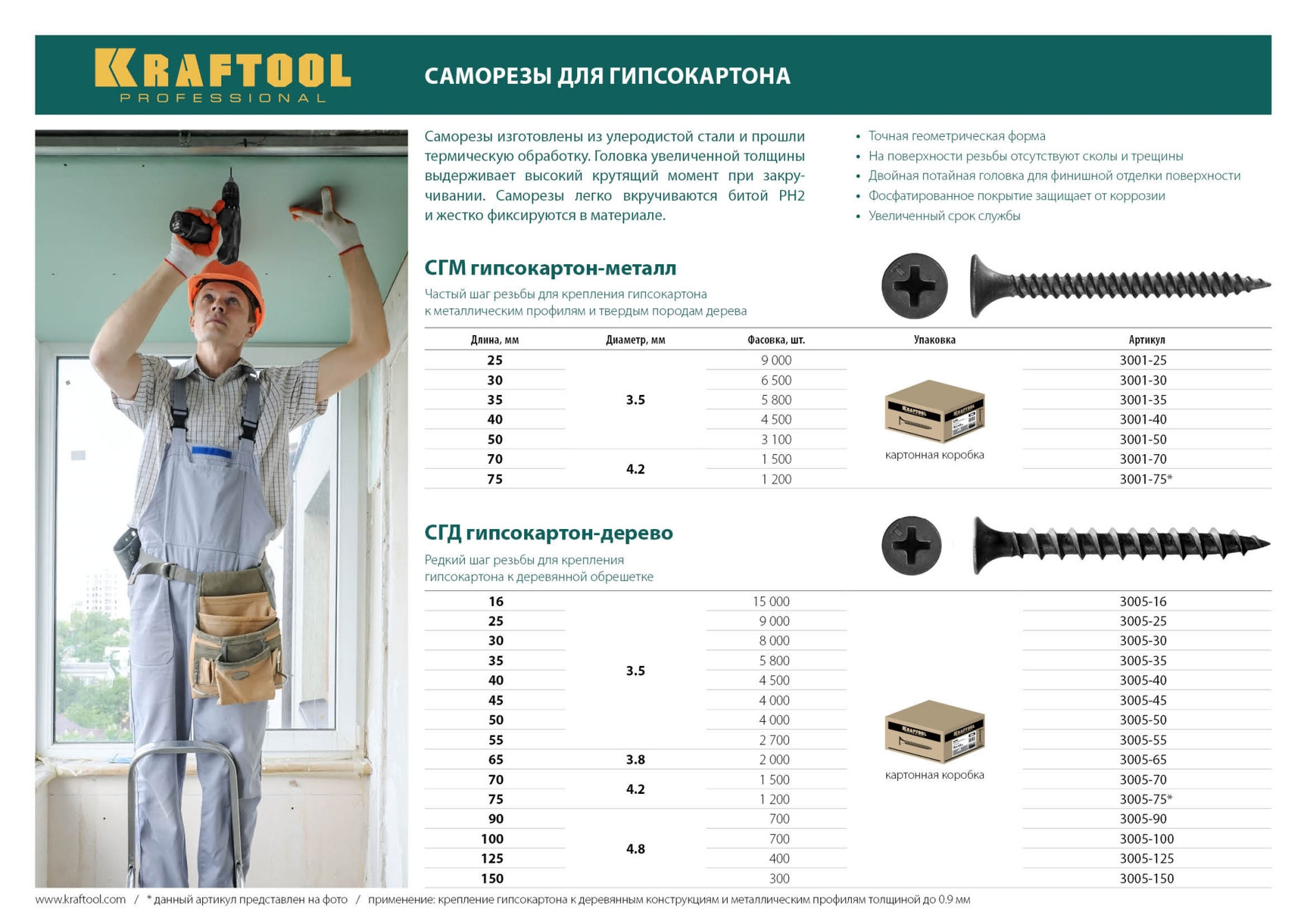 KRAFTOOL СГМ, 25 х 3.5 мм, фосфатированное покрытие, 9 000 шт (12,33 кг.), саморез гипсокартон-металл (3001-25)