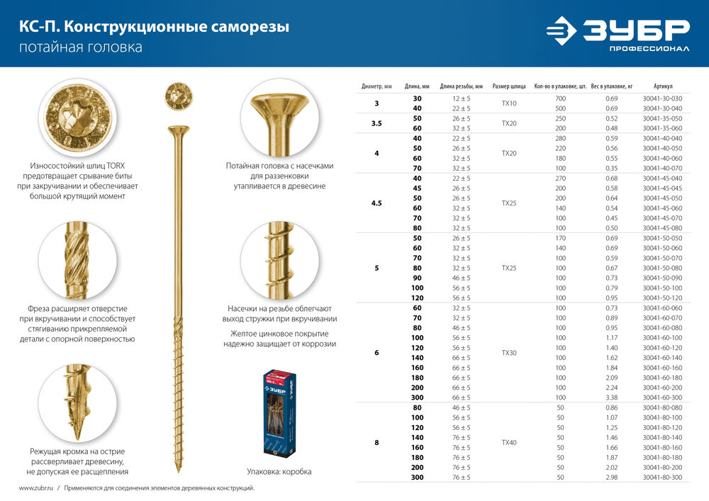 Конструкционный саморез КС-П, 40 х 3.0 мм, TX10, потайная головка, желтый цинк, 500 шт ЗУБР Профессионал 30041-30-040