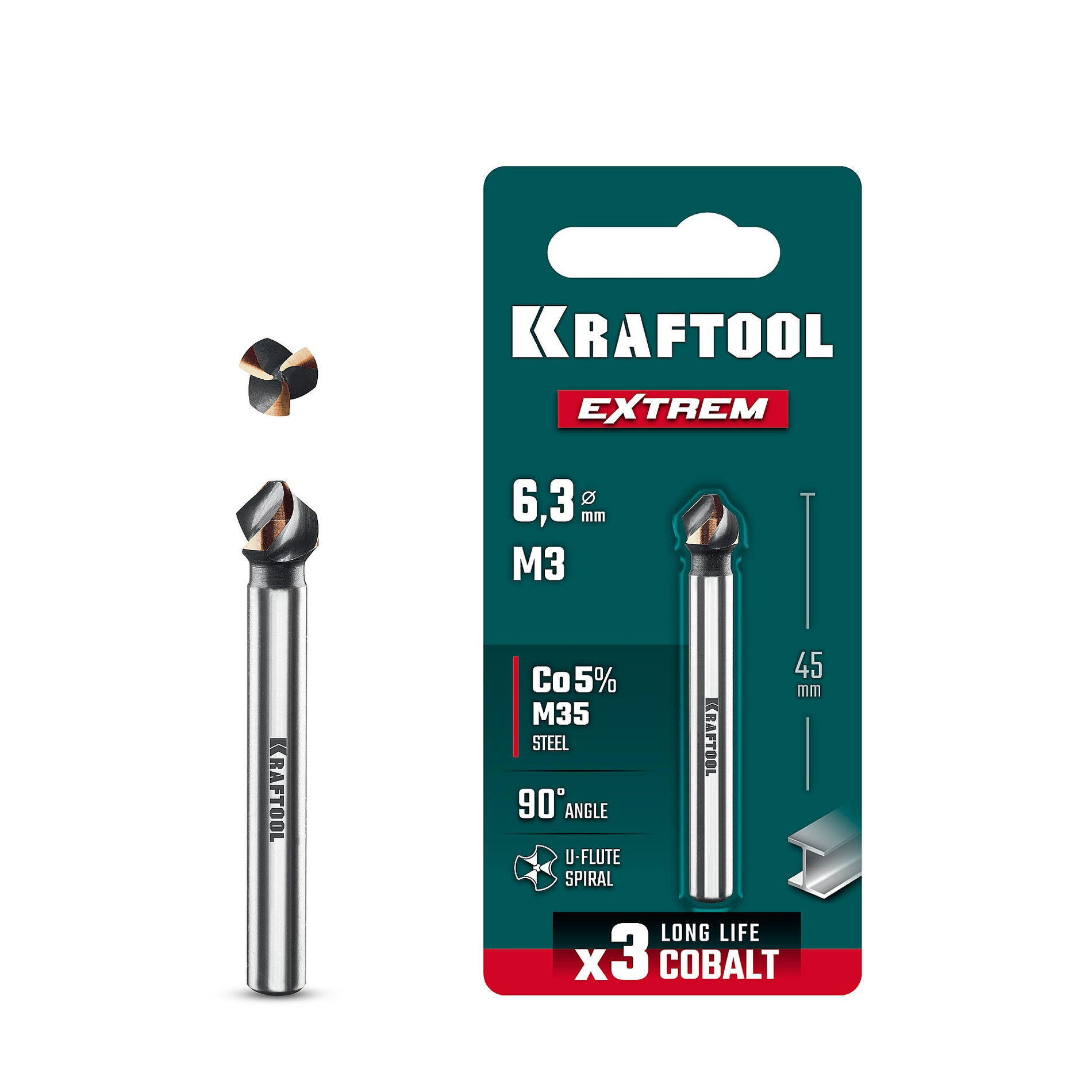 KRAFTOOL EXTREME Со5-А, d 6.3x5х45 мм, Z3, 90°, сталь M35, U-образная спираль, зенковка (29734-3)