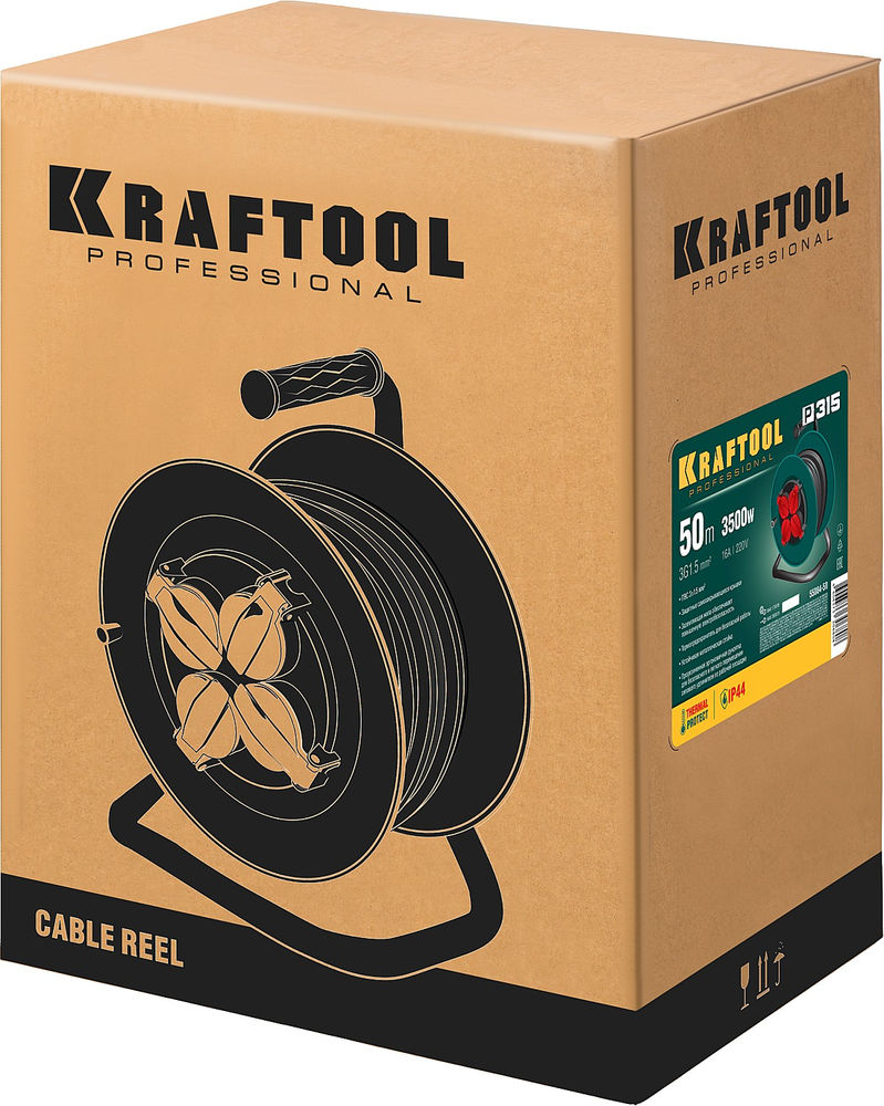 Силовой удлинитель на катушке 3 x 1.5 мм? 50 м P-315 ПВС 3500 Вт IP44 KRAFTOOL 55084-50