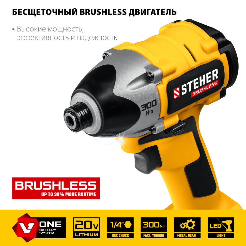 Винтоверт бесщеточный 20 В, 300 Н·м, без АКБ V1 STEHER CSB-300