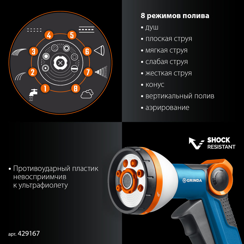 Набор поливочный Х-834, пистолет поливочный X-8, коннектор 3/4, конектор 3/4 с автостопом, адаптер с внутр. резьбой 1/2 х 3/4, PROLine GRINDA 429167