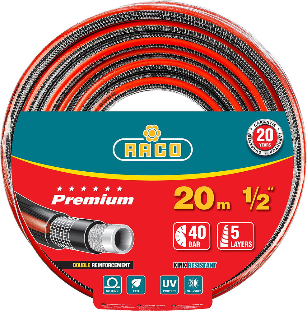 Поливочный шланг PREMIUM 1/2, 20 м, 40 атм, пятислойный, усиленный двумя слоями армирования RACO 40300-1/2-20_z01