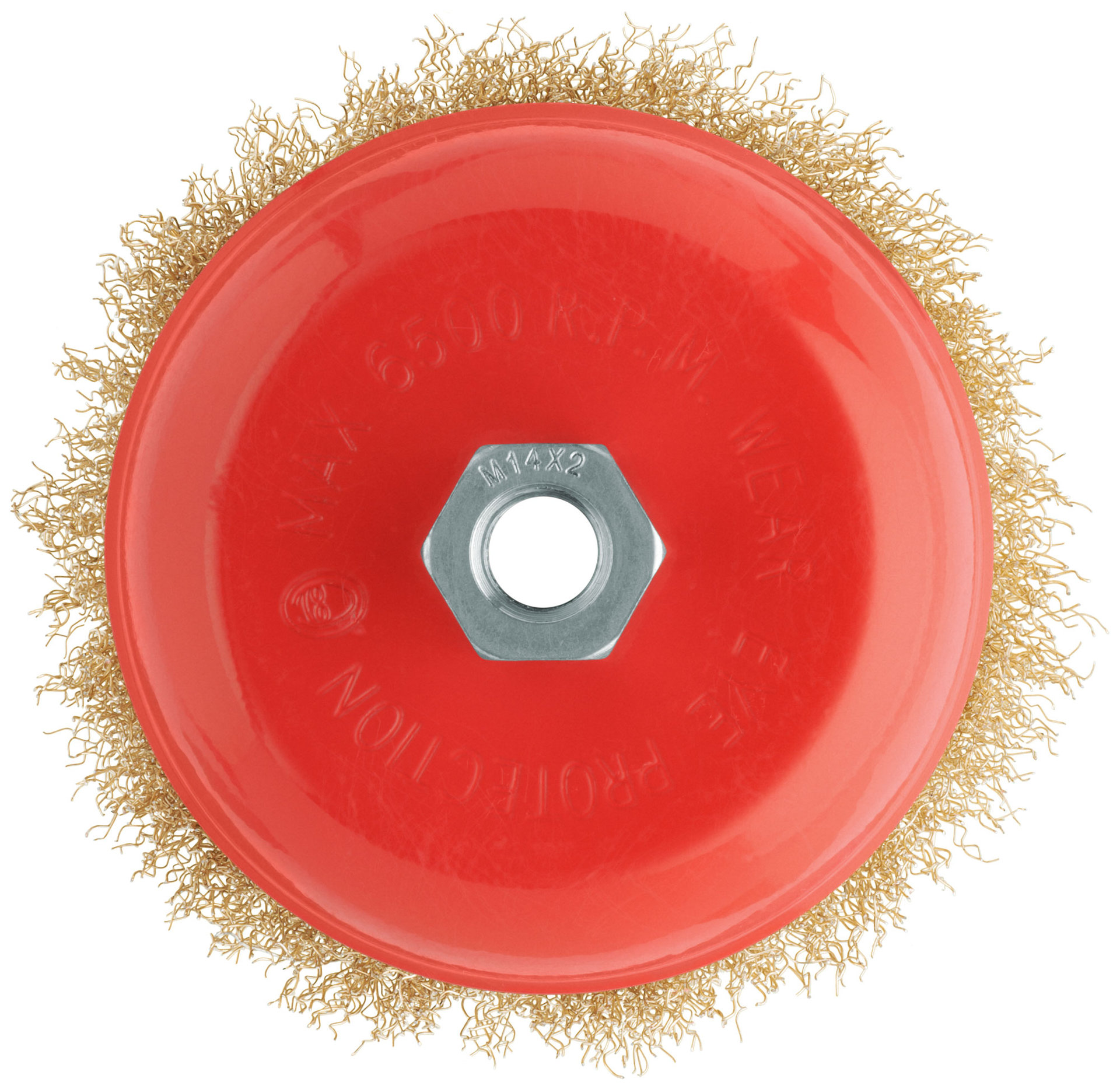 Корщетка-чашка, гайка М14, стальная латунированная волнистая проволока 125 мм, блистер (39094)