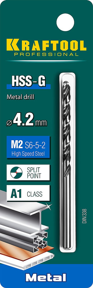 Сверло по металлу 4.2 х 75 мм сталь P6M5 HSS-G KRAFTOOL 29651-4.2