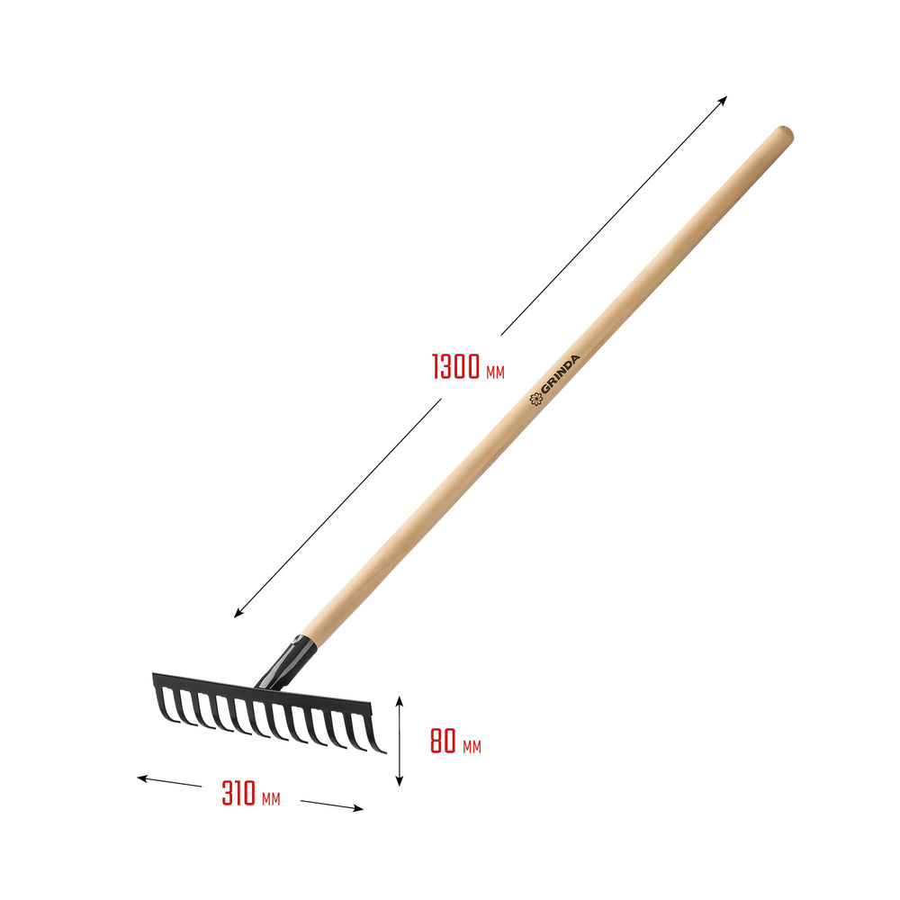 Садовые грабли GT-12 WOOD, 310 х 80 х 1300 мм, 12 прямых зубцов, углерод. сталь, антикор. покрытие, черенок дерев. высш. сорт GRINDA 39583-12