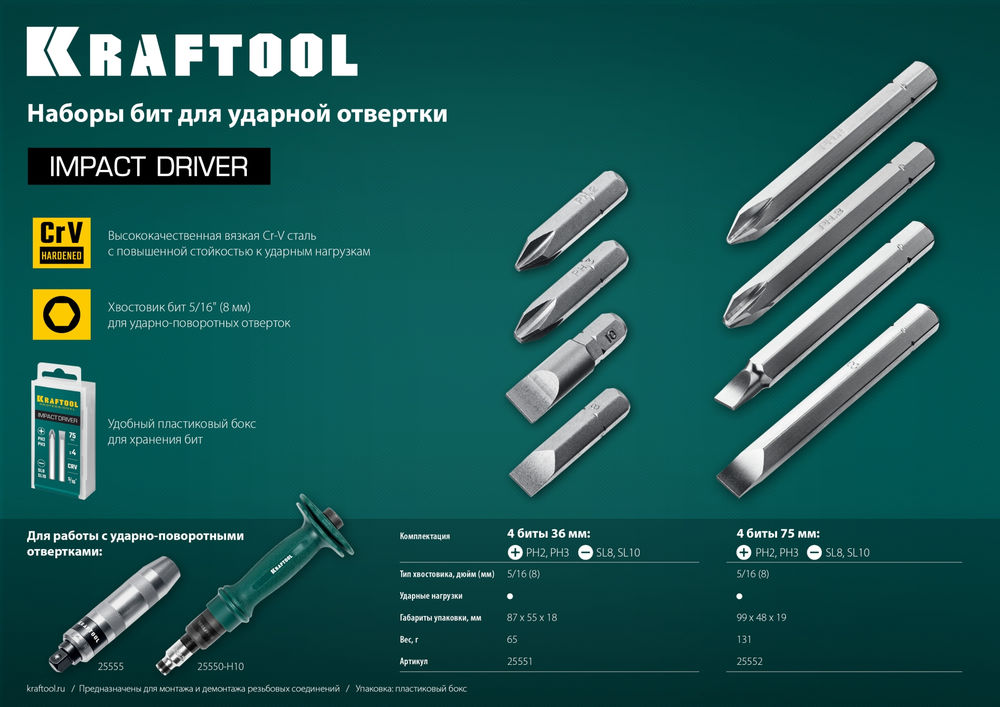 Набор бит для ударной отвертки, 4 шт, 75 мм KRAFTOOL 25552